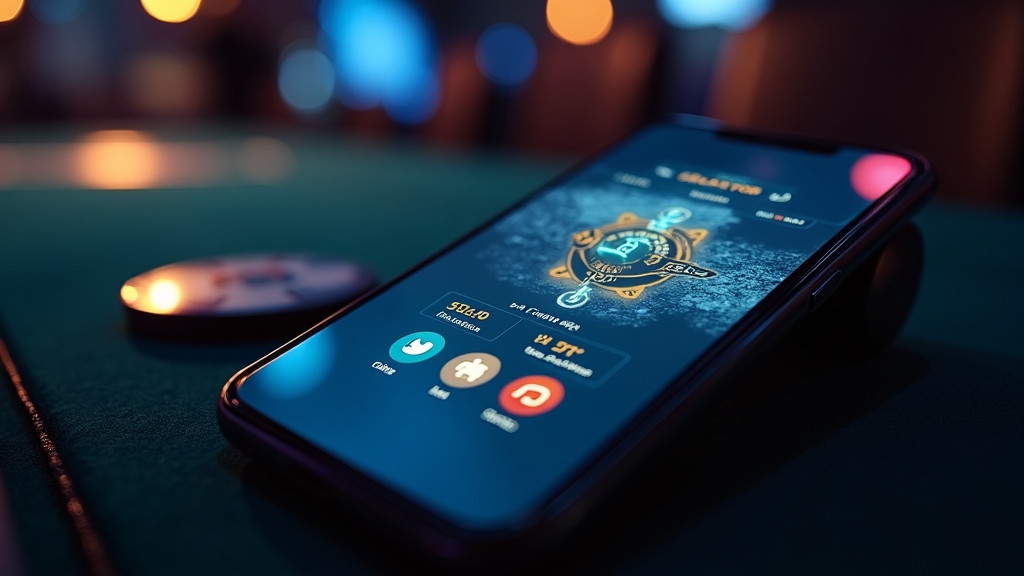 Teléfono con la app de Vamoplay en una sala de casino oscura y moderna