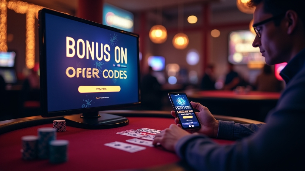 Pantalla de casino con código promocional y banner de bono en un ambiente oscuro